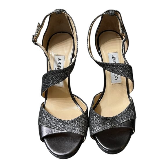 Jimmy Choo Tyne Anthractive Asymmetrical Gunmetal Glitter Heel Sandals - Picture 6 of 8